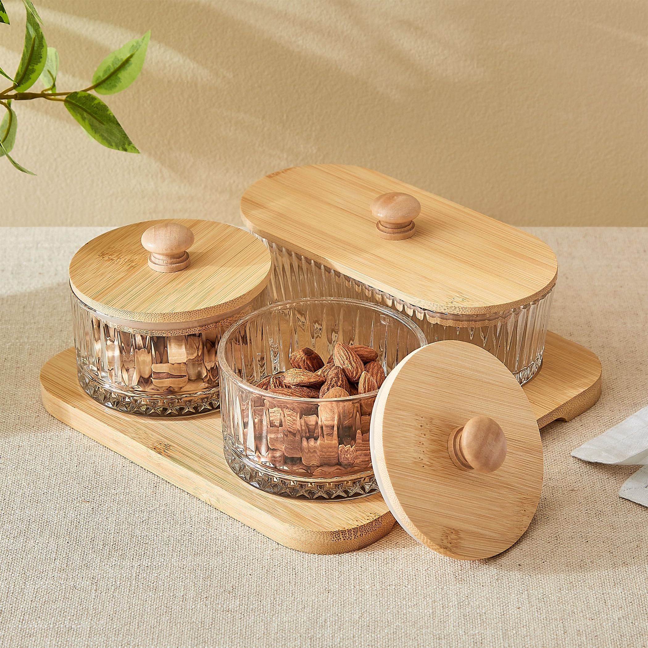 Home Centre Vamos Louisa Set of 3 Glass Serving Bowls with Bamboo